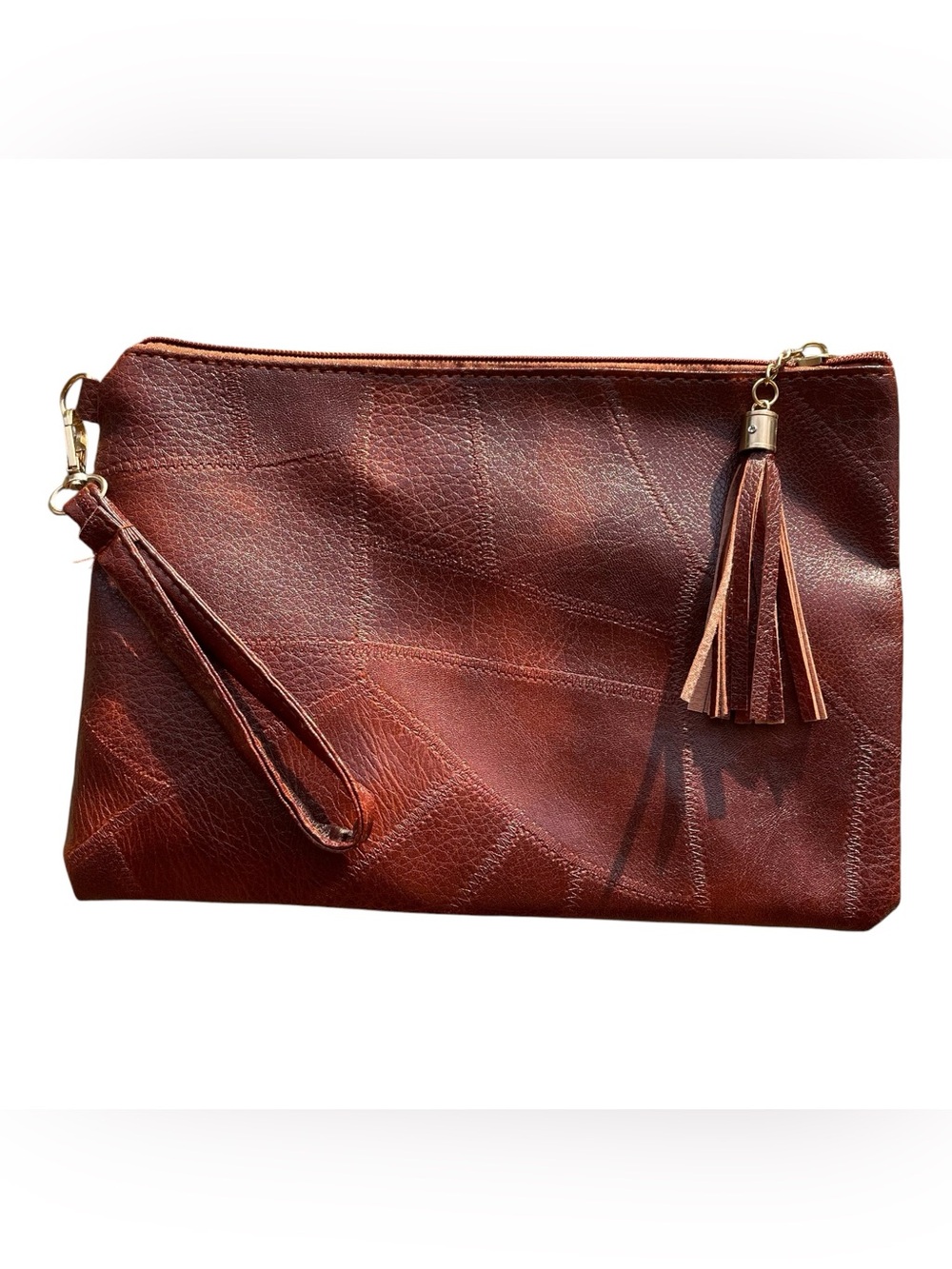Brown Faux Leather Lg Cosmetic Bag Make Up Toiletry Clutch Tassel Wrist Strap - Picture 1 of 9